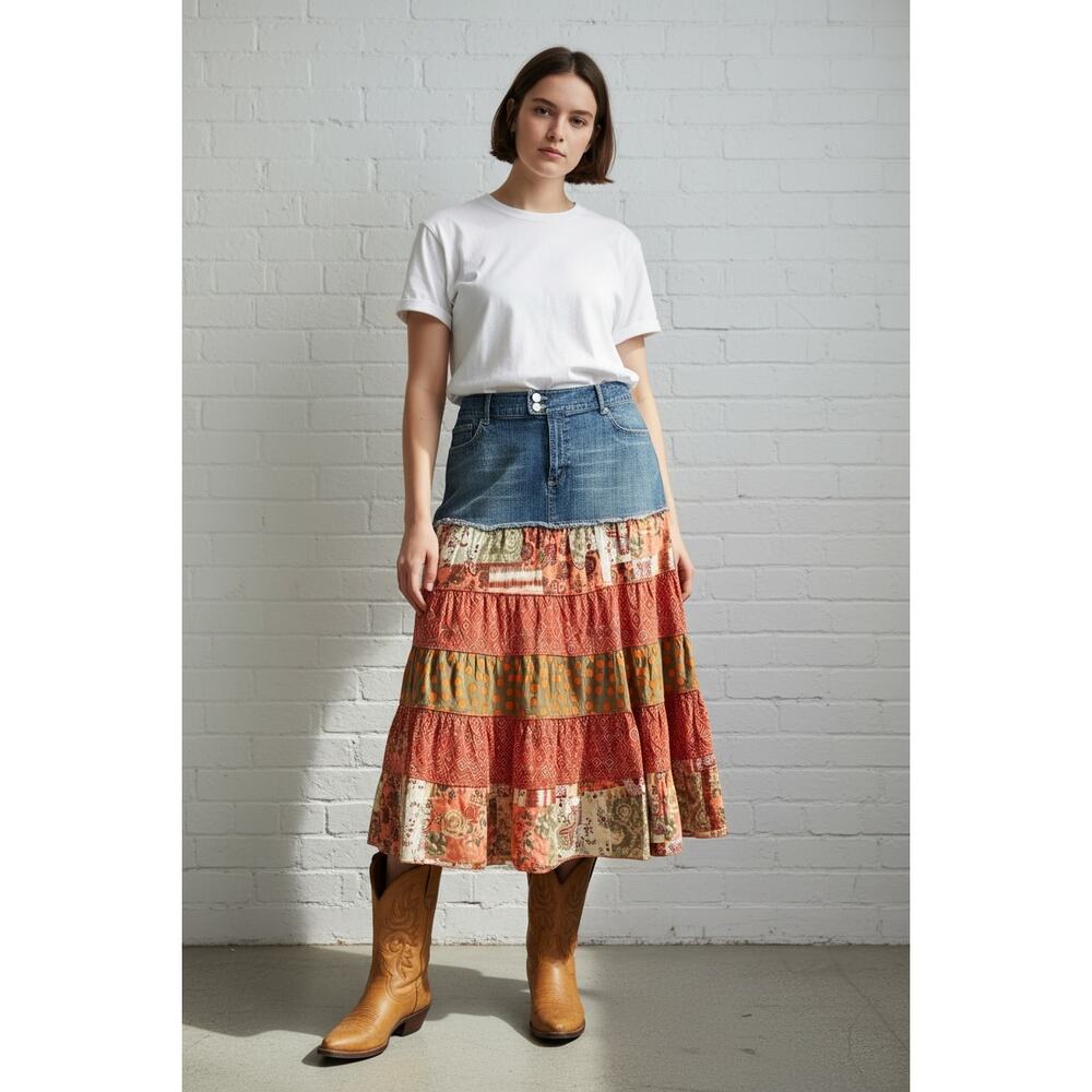DENIM JEAN WESTERN PATCHWORK SKIRT UPCYCLED DIY WOMEN'S SIZE 18W